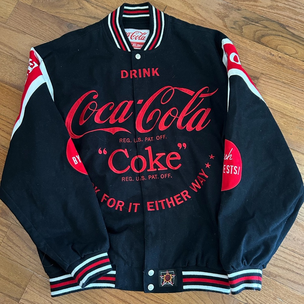 Coca Cola J H Design Black and Red Varsity Jacket Men’s Size Large Embroidered